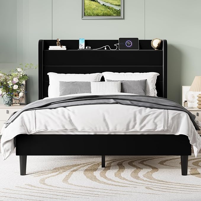 SHA CERLIN Queen Bed Frame with Charging Station, Velvet Upholstered Platform Bed, Wingback Storage Headboard, Type-C & USB Ports, Strong Wooden Slats, No Box Spring Needed, Easy Assembly, Black