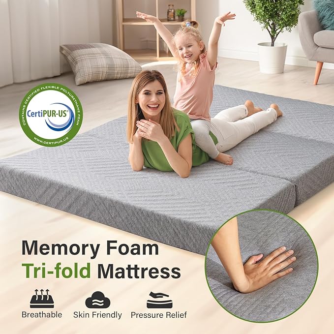 Folding Mattress 4in Single Memory Foam Tri-Folding Mattress with Washable Cover Foldable Floor Mat for Guest Bed, Camping, Yoga, RV Travel, Light Grey (Size: 25" L x 75" W x 4" Th)