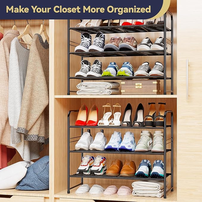 3-Tier 27” Wide Shoe Rack for Closet, Metal Stackable Shoe Shelf Organizer, Black