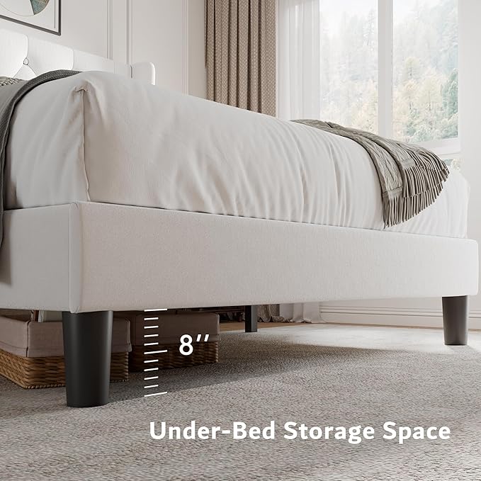 iPormis Full Size Velvet Platform Bed Frame with Button Tufted Headboard, Upholstered Bed Frame with Solid Wooden Slats, 8" Underbed Space, No Box Spring Needed, Noise Free, Easy Assembly, White