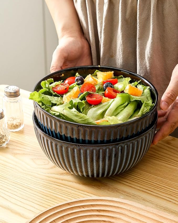 Hasense Large Salad Bowls of 2, Porcelain 60 Oz Serving Bowl 8 Inch for Kitchen Dining,Elegant Ribbed Ceramic Dishes for Party,Soup,Pho,Pasta,Cereal,Fruit - Dishwasher & Microwave Safe, Blue