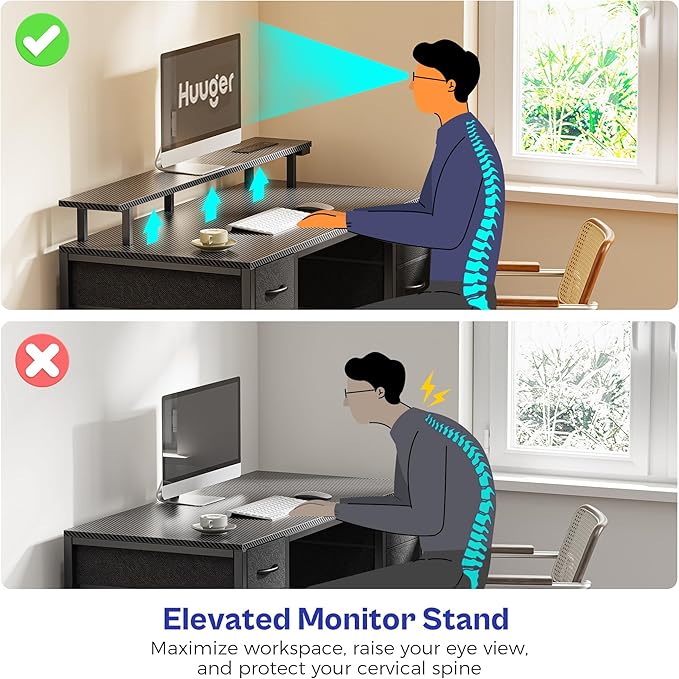 Huuger 47 inch Computer Desk with 4 Drawers, Gaming Desk with LED Lights & Power Outlets, Home Office Desk with Large Storage Space for Bedroom, Work from Home, Carbon Fibre Black