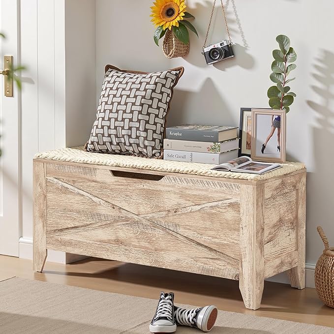 VECELO 43.3" Farmhouse Style Storage Bench, Entryway Shoe Ottoman, with Handwoven Cushion, with Metal Safety Hinges, for Bedroom, Living Room, Entryway, Light Wood
