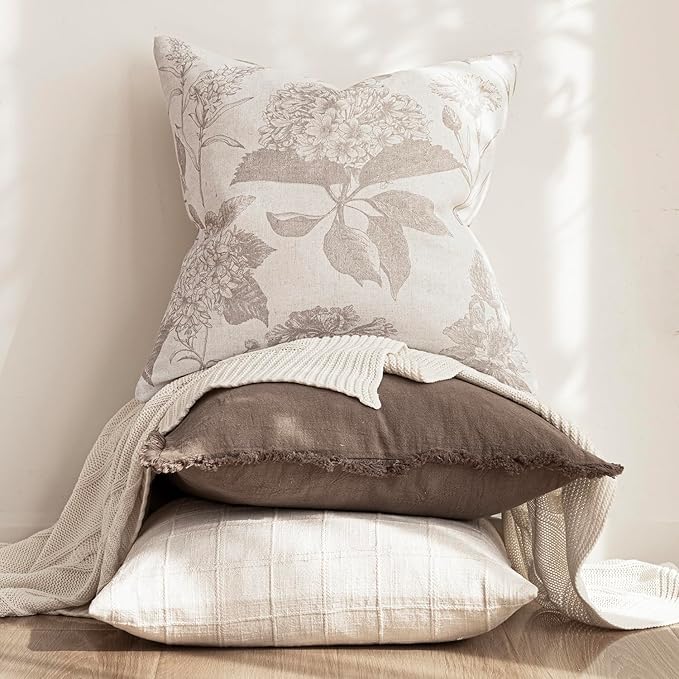 Foindtower Set of 2 Linen Floral Vintage Throw Pillow Covers Neutral Accent Decorative Cushion Covers Farmhouse Boho Home Decor for Sofa Chair Couch Bedroom Living Room Outdoor,20×20 Inch,Tan Beige