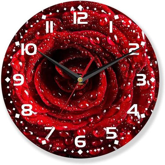 Wall Clock,Red Rose Wooden Wall Clocks Art Silent Non-Ticking Wall Clocks Battery Operated Round Home Arabic Numeral Decorative Wall Clock 10 Inch