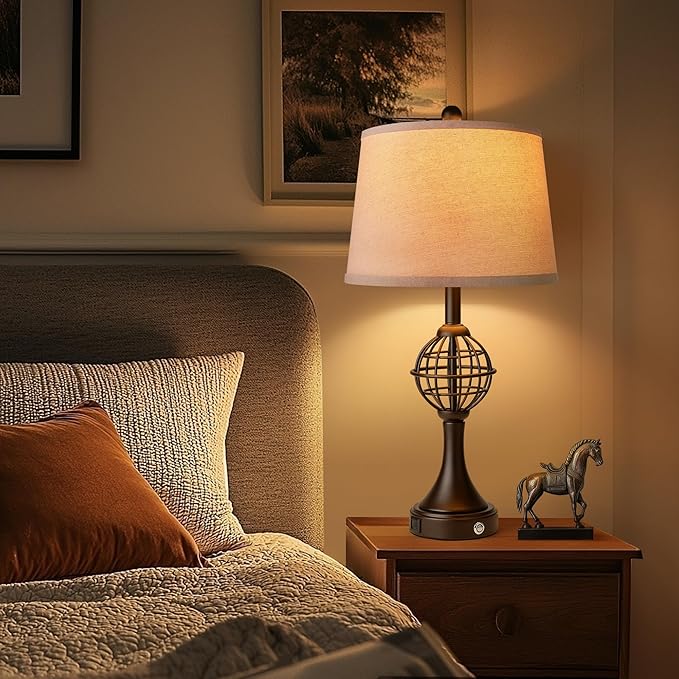 Table Lamps for Living Room Set of 2, Farmhouse Touch Lamps for Nightstand with USB A+C, 26.5" Rustic Bedside Lamp for Bedroom End Tables