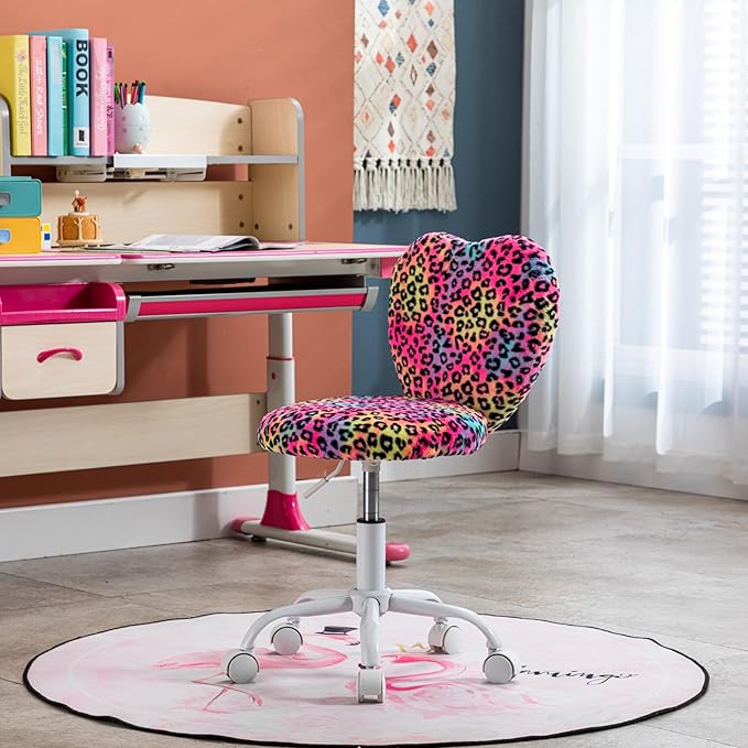 Kmax Kids Reading Chair, Rolling Cute Desk Chair for Girls Swivel Office Chair with Wheels & Heart Back Adjustable Childrens Vanity Chair for Bedroom Reading Room - Faux Fur, Leopard