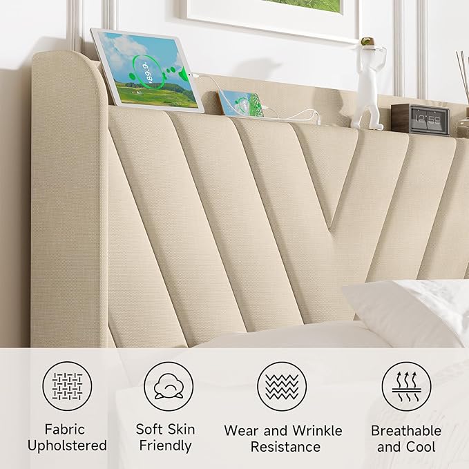 koorlian Queen Bed Frame with Headboard, Adjustable Upholstered Platform Bed Frame with Type-C&USB Ports, Wingback Storage Headboard, Solid Wood Slats Support, No Box Spring Needed, Beige