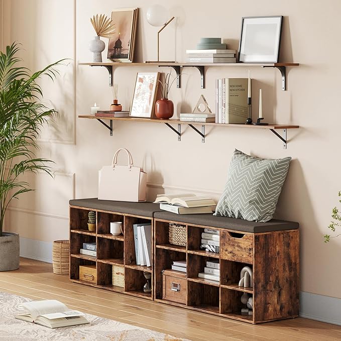 DINZI LVJ Shoe Storage Bench with Cushion, Cubby Rack with 9 Cubbies, Adjustable Shelves, Multifunctional Organizer Bench for Entryway, Mudroom, Hallway, Closet and Garage, Rustic Brown