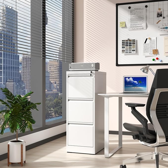 AQY 3 Drawer File Cabinet with Lock, White Metal Filing Cabinets for Home Office, 18" Deep Vertical Storage File Cabinets for Hanging A4/Letter/Legal Size Files, Assembly Require