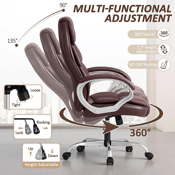 Homall Office Chair High Back Computer Chair Ergonomic Desk Chair, PU Leather Adjustable Height Modern Executive Swivel Task Chair with Padded Armrests and Lumbar Support (Brown)