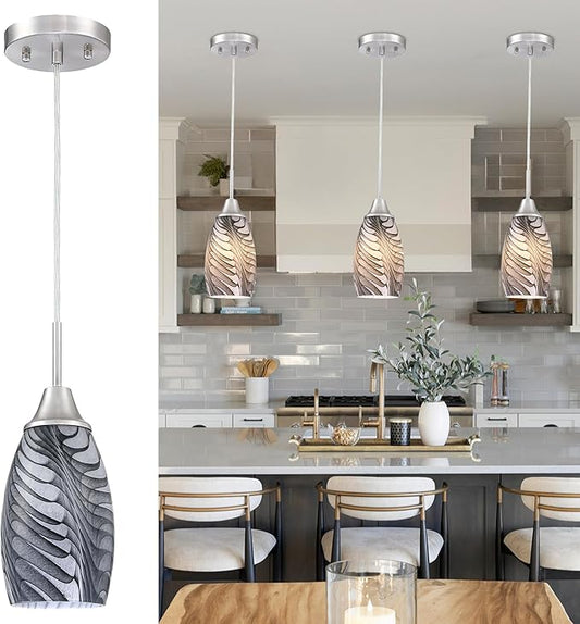 Mini Glass Pendant Light 4.72" with Handblown Black Gray Marble Art Glass Hanging Light 3-Pack Oval Ceiling Hanging Light Fixture for Dining Room Kitchen Island Cafe Foyer Hallway