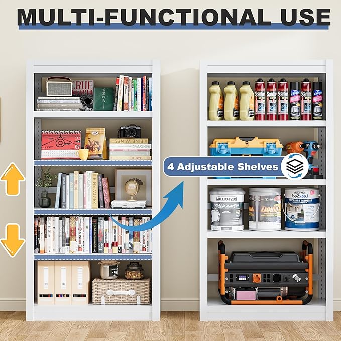 61" Metal Bookshelf and Bookcase | 5-Tier Adjustable Shelves, Deep Modern Storage Shelf for Living Room, Office, Bedroom (White)