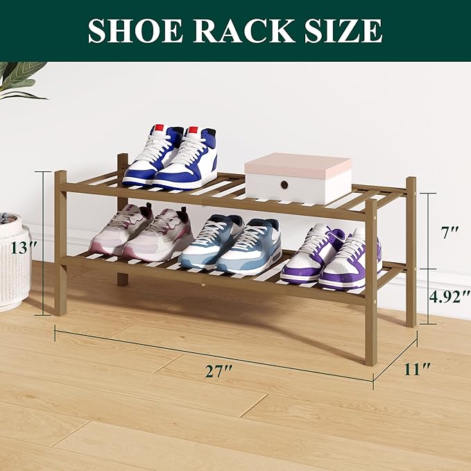 Smiry Bamboo Shoe Rack for Closet, 2 Tier Wooden Stackable Shoe Organizer, Free Standing Shoes Storage Shelf for Entryway, Front Door Entrance, Walnut