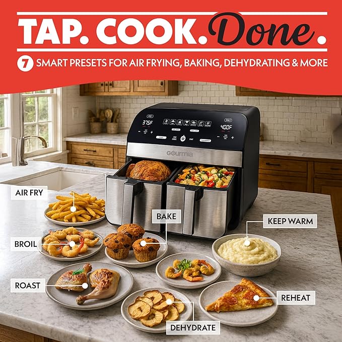 Gourmia Dual Basket Digital Air Fryer – 10 QT, FryForce 360° Technology, 7 Presets, Match Cook & Smart Finish, PTOA-Free Baskets & Crisper Trays, 1600W, Black