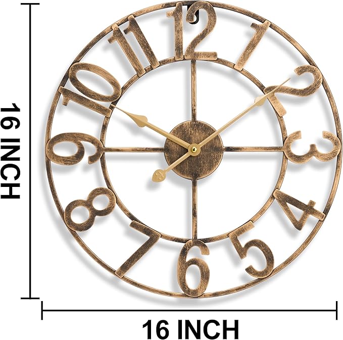 Sorbus 16-Inch Large Wall Clock – Decorative Brown Metal Clock with Gold Hands – Silent, Battery Operated, Modern Wall Decor for Living Room, Kitchen, or Office - Great Gift for Housewarming or Office