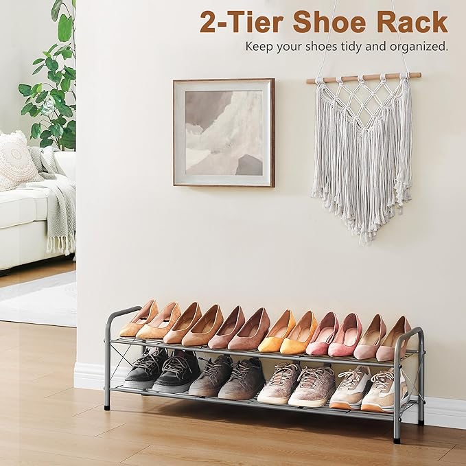 Hoctieon 2 Tier Shoe Rack for Closet, Durable Mesh Style Shoe Rack, Entryway Shoe Shelf, Shoe Storage Organizer for Hallway, Bedroom, Living Room, Wardrobe, Grey