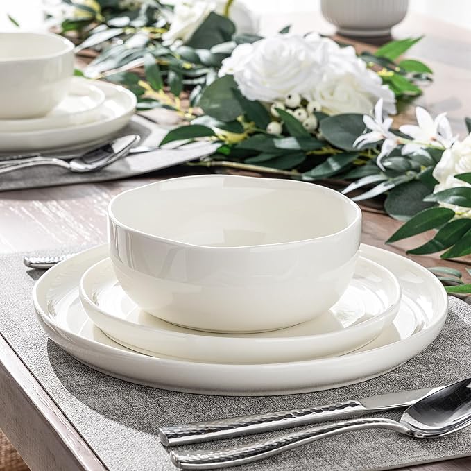 Ceramic Dinnerware Sets for 4,Handcraft Wavy Rim Stoneware Plates and Bowls Sets,Highly Chip and Crack Resistant | Dishwasher & Microwave & Oven Safe Dishes set,Service for 4 (12pc)-White &Wave