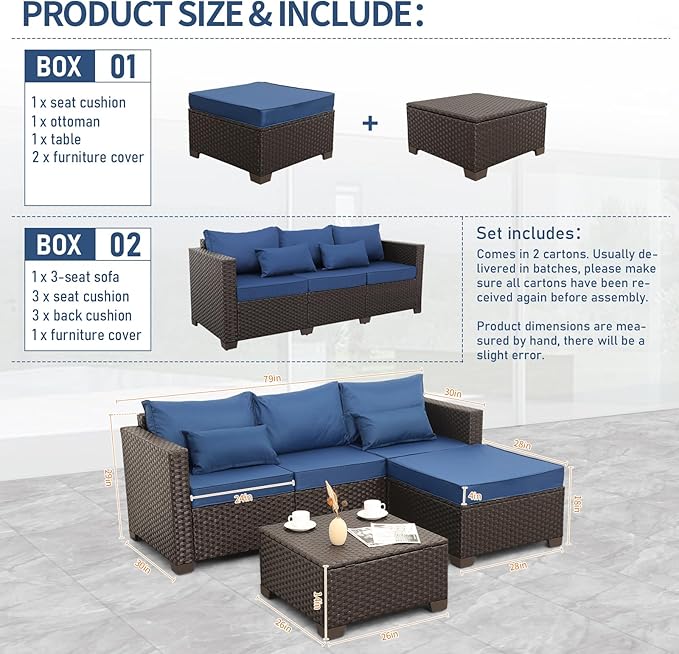 Wicker Patio Furniture Patio Couch 3 Pieces Patio Furniture Set Outdoor Sectional with Ottoman and Outdoor Storage Table with Lining Weathering Non-slip Cushions Waterproof Covers, Navy Blue