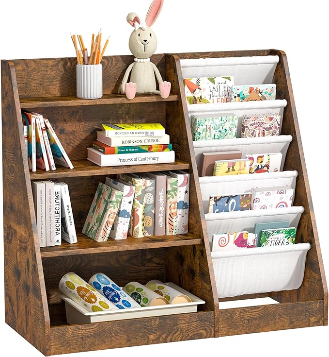 Kids Bookshelf for Bedroom Toddler Children Baby Bookcase 4-Tier for Nursery Book Toy Storage Organizer 5 Sling Book Display Shelf Book Rack Wood Classroom Playroom Rustic Brown