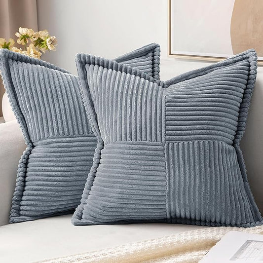 MIULEE Decorative Throw Pillow Covers for Couch Bed Livingroom 16x16 Inch Set of 2 Dustyblue Boho Accent Throw Pllows Broadside Striped Patchwork Soft Corduroy Pillowcases