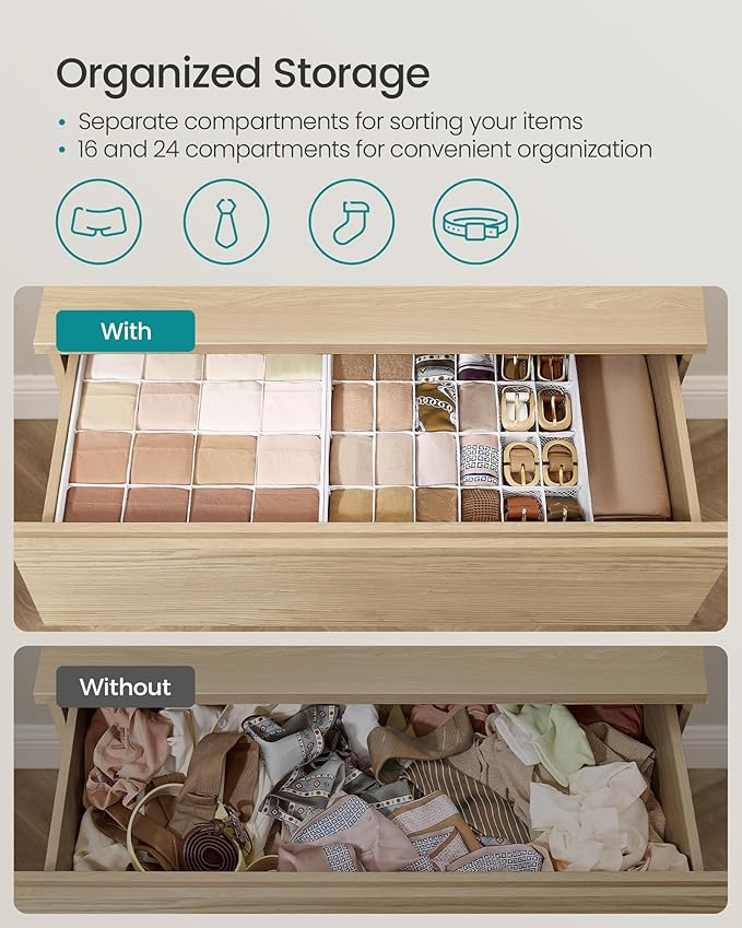 SONGMICS Set of 4 Underwear Organizers, Drawer Organizers, Dresser Closet Storage, 80 Cells (2x16+2x24), Foldable Dividers, 11.8 x 11.8 x 3.9 Inches, for Socks, Ties, Belts, Cloud White URUS011W01