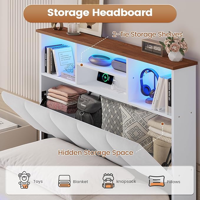 AOGLLATI Twin Bed Frame with 4 Storage Drawers & Charging Station & LED Lights, Twin Bed Frames with Stylish Bookcase Headboard, Led Bed Frame with Metal Slats, No Box Spring Needed,White