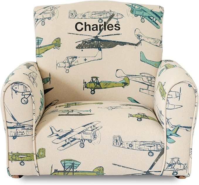 Toddler Personalized Armchair, Kids Upholstered Rocking Chair with Personalization, Toddler Chair with Personalized Name, Comfy Child Armchair, (Airplanes Print, Rockers)