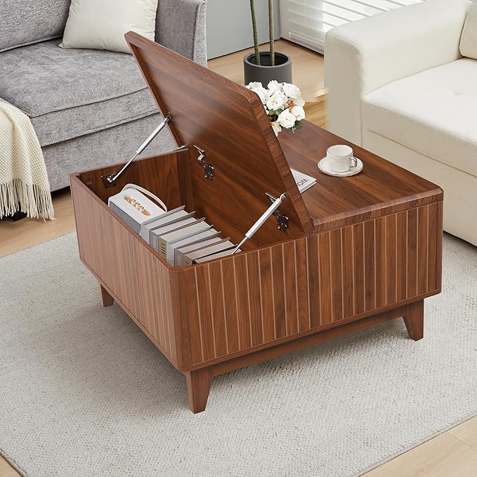 Lift Top Coffee Table, Square Coffee Table with Hidden Storage Compartment, Farmhouse Wood Center Table Dining Table for Living Room, Bedroom, Home Office (Walnut)
