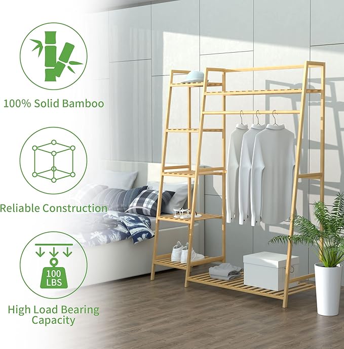 RELIANCER Bamboo Clothing Garment Rack,Free Standing Clothes Coat Hanger,Closet Organizer w/Shoe Rack,Multi-tiered Wardrobe Storage Shelves,Clothes Hanging Racks for Hall,Living Room,Bedroom,Entryway