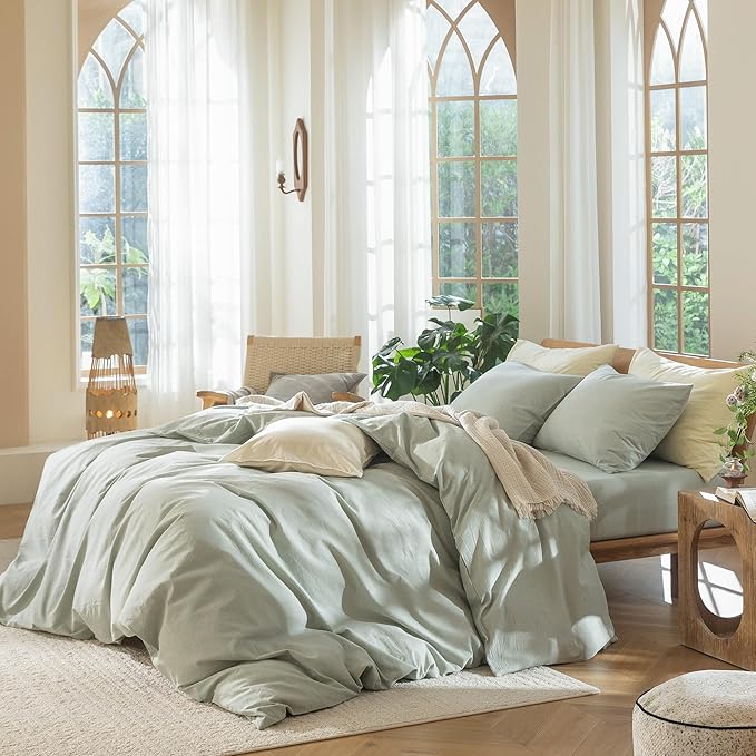 MooMee Bedding Duvet Cover Set 100% Washed Cotton Linen Like Textured Breathable Durable Soft Comfy (Heathered Sage Green, Cal King 104"x98")