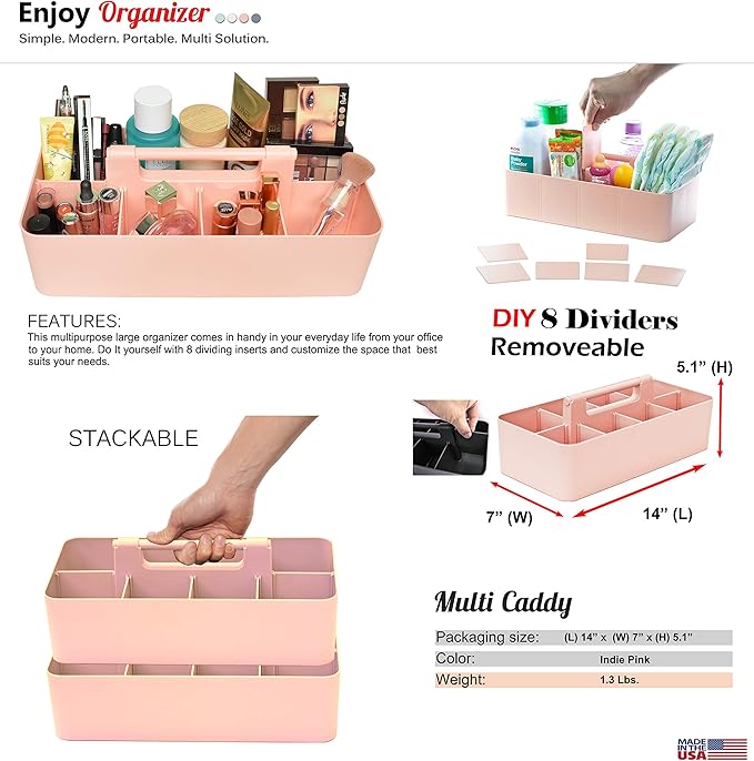 2 PACK - Portable DIY 8 Dividers Durable Plastic Organizer Tote Tool Home Office School Toy Arts Craft Pencil Kids Baby & Supply Cleaning Caddy with Handle Made In USA (Indie Pink)