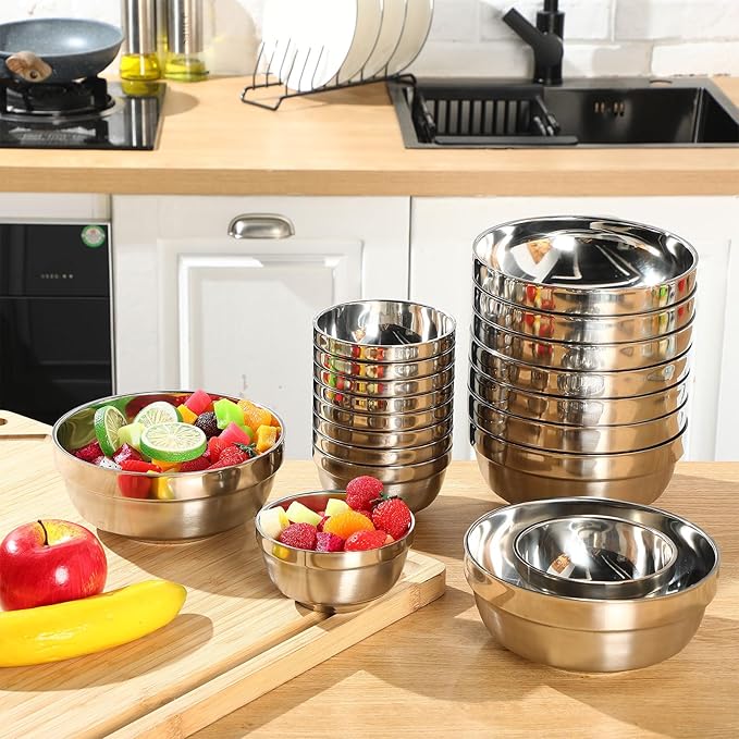20 Pack 304 Stainless Steel Bowls Set 13 oz 34 oz Metal Double Walled Insulated Snack Mixing Lightweight Multipurpose Toddler Dinner Bowls for Ice Cream, Cereal, Snack