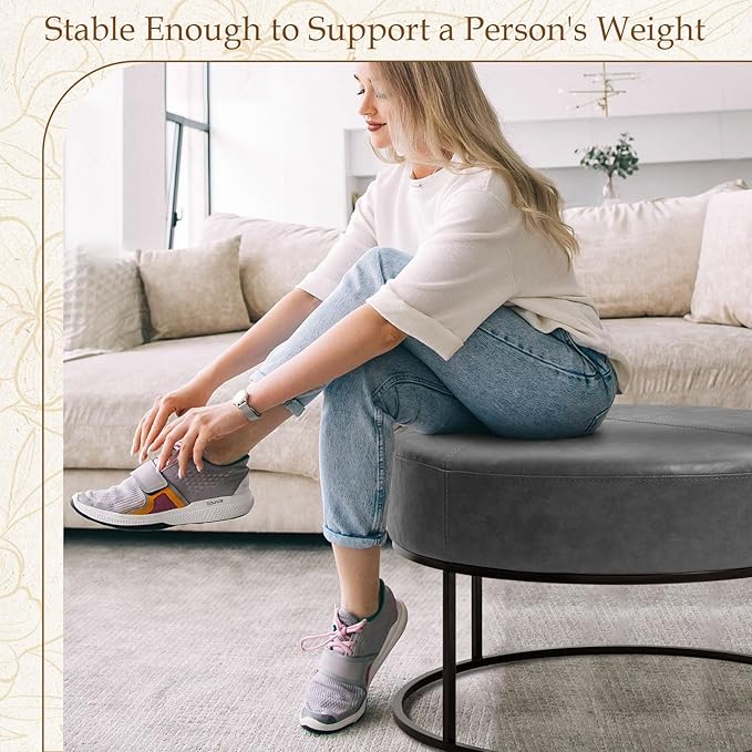 BALLIAA Modern Round Coffee Table, Farmhouse Ottoman for Living Room, Large Vintage Leather Coffee Tables with Leather Upholstered Padded Seat [Round, Vintage Gray, 30'']