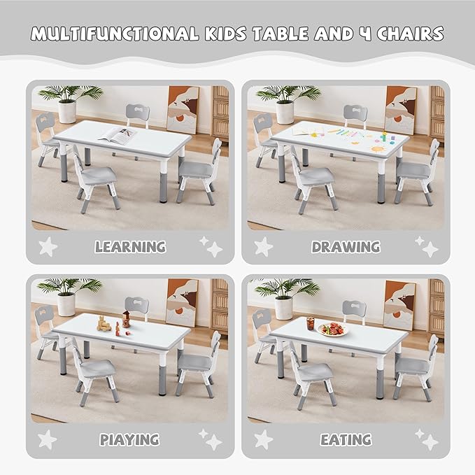 Adjustable Kids Table Chairs Set – Graffiti Desktop, Multi-Activity Height-Adjustable Toddler Study Desk for Ages 3-8 – Ideal for Home, Classroom, Daycare (B-Gray, 4 Chairs-47.2" L x 23.6" W)