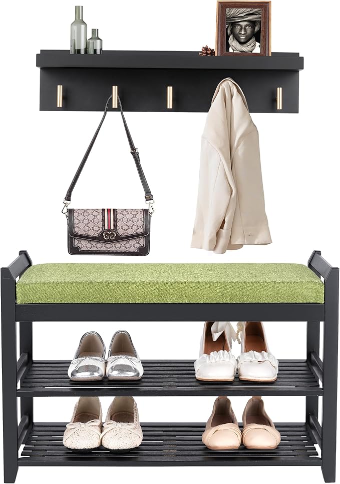 Shoe Rack for Front Door Entrance, 28” Entryway Bench with Coat Rack, Hall Tree Shoe Bench with Storage for Entry, Hallway, Bedroom, Living Room
