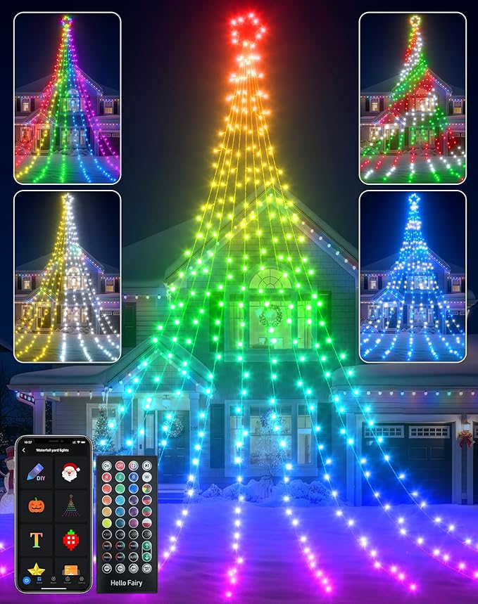 23FT Outdoor Christmas Decorations Star String Lights, Smart RGB Led Tree Lights Waterfall DIY Preset Scenes App Remote Control Large Unique Yard Lights for Outside Roof Home Xmas Holiday Decor