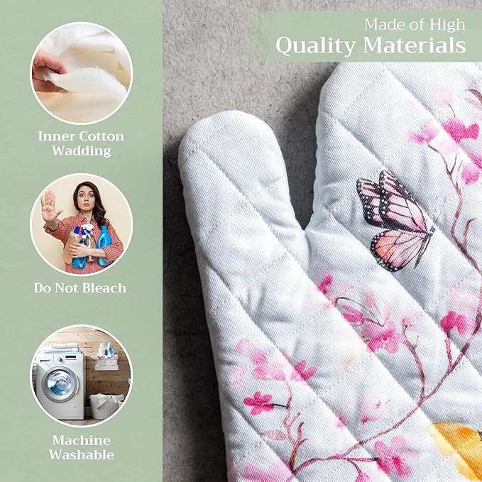 Maison d' Hermine Oven Gloves 100% Cotton Oven Mitt 7" x 13" with Loop Heat Resistant, BBQ, Cooking Gloves, Baking, Grilling, Kitchen, Handling Hot Pans Spring/Summer (Pack of 1, Blossoms in Spring)