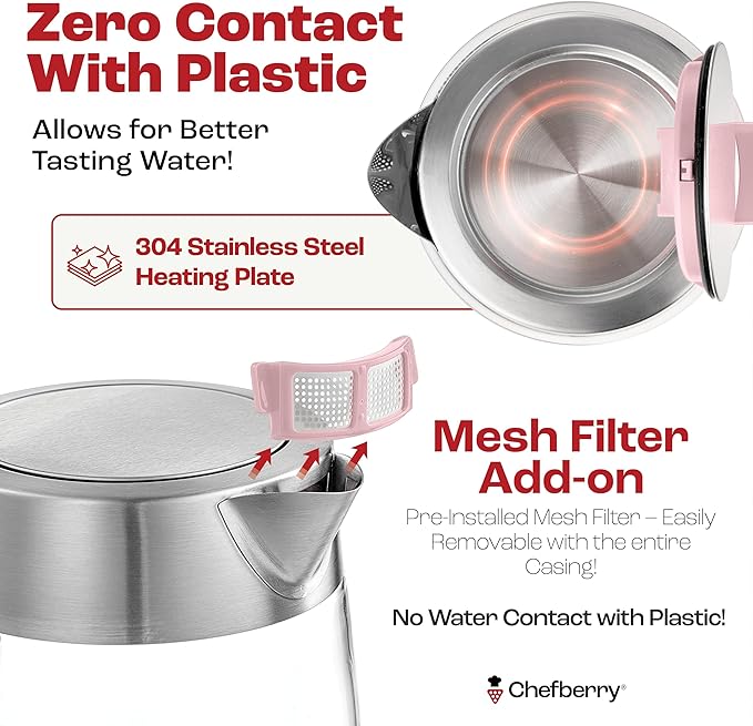 Electric Kettle for Boiling Hot Tea & Water | 1.8L Stainless Steel Borosilicate Glass Boiler With No Plastic, Automatic Shutoff, BPA Free, Fast Heating Technology