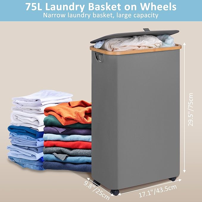 efluky Slim Laundry Basket with Wheels, Narrow Rolling Laundry Hamper with Lid and Removable Bag, Tall Aesthetic Dirty Clothes Hamper on Wheels for Laundry Room, Bedroom, Dorm and Bathroom, 75L Grey