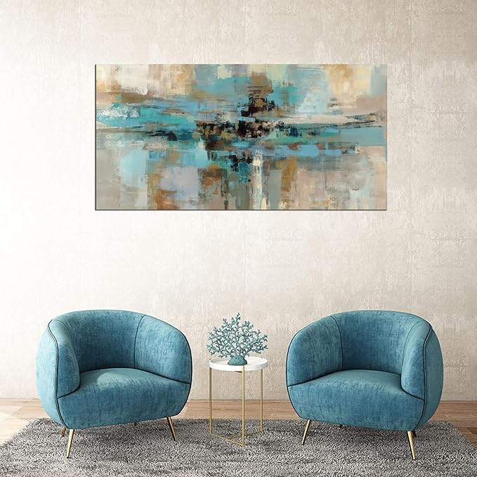 DZL Art A74762 Canvas Prints Abstract Wall Art Print Paintings Blue and Brown Stretched Canvas Wooden Framed for living Room Bedroom and Office Home Decor Artwork