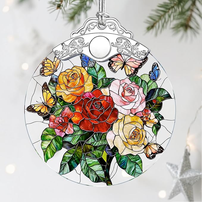 Butterfly & Rose Christmas Decorations - Christmas Ornaments for Tree | Stained Glass Ornament | Holiday Ornament – Flower Lover Gifts | Gift Ideas | Xmas Gift