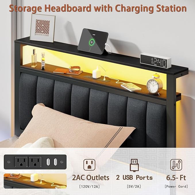 Furnulem Twin Size Bed Frame with Charging Station and LED Lights, Platform Bed with Metal Slats, Grey Upholstered Headboard with 2-Tier Storage Shelves, No Box Spring Needed