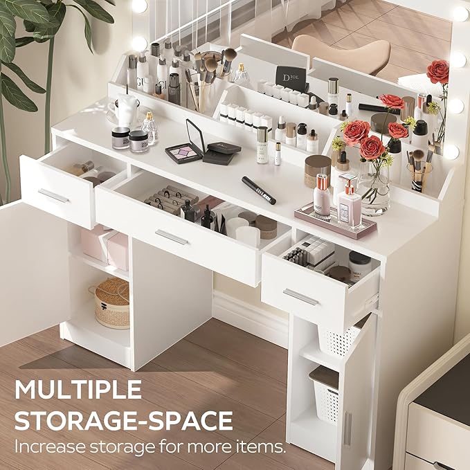 MIRROTOWEL 47.5” Vanity Desk with Large Mirror, 3 Colour Lighting Modes, Adjustable Brightness, Dresser with 3 Drawers & 2 Vertical Cabinets, Makeup Vanity Table for Women Girls