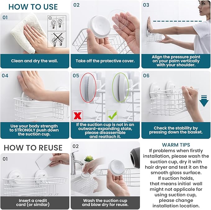 TAILI Shower Caddy Suction Cup with Hooks & Soap Holder, Heavy Duty Bathroom Shower Organizer, No Drilling Shelves for Inside Bathroom, Metal Black Storage Basket-White