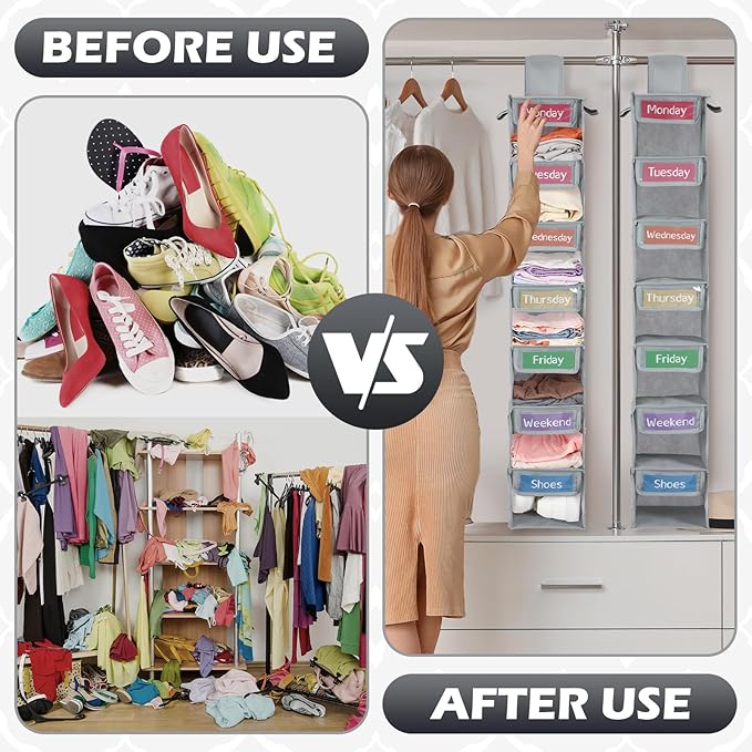 2 Pack 7 Shelf Weekly Clothes Organizer Hanging Closet for Kids with Side Pockets Weekday Shoes Rack Weekly Clothes Organizers Monday Through Weekend Foldable Storage Shelves(Gray)