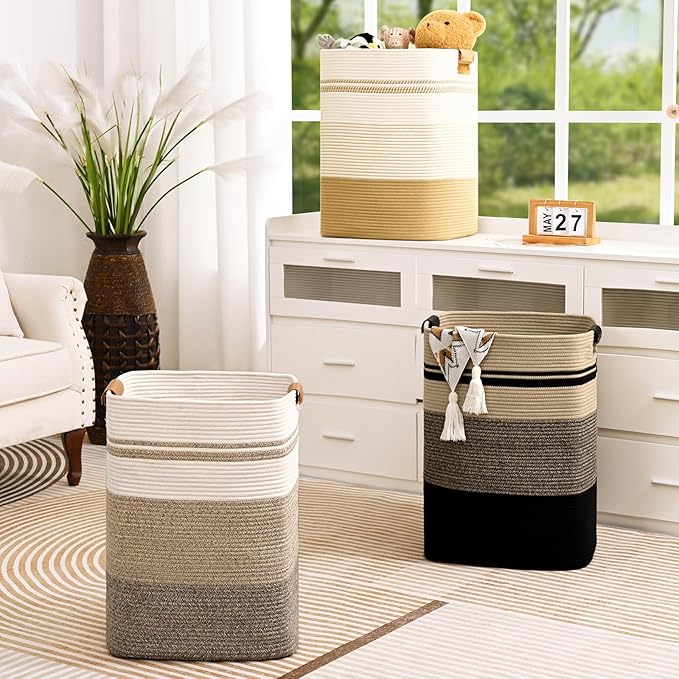 Laundry Hamper, 95L Tall Laundry Basket with Leather Handles, Rectangle Large Clothes Hamper for Organizing, Cotton Woven Laundry Baskets Storage Hampers for Bedroom, Nursery, Living Room