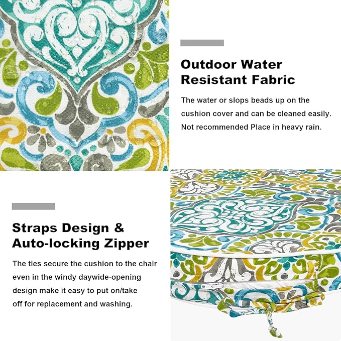 Set of 2 Outdoor Chair Cushions 19"x19"x2",Water Repellent Dining Seat Cushion with Ties and Removable Covers, Chair Cushions for Indoor and Patio Furniture, Damask Green