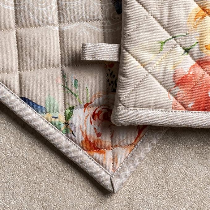 Maison d' Hermine 100% Cotton Oven Mitt & Pot Holder Set (7.5"x13" & 8"x8") Heat Resistant BBQ Cooking Gloves with Loop, Baking, Grilling, Kitchen, Handling Hot Pans Spring/Summer (Ibiza - Beige)