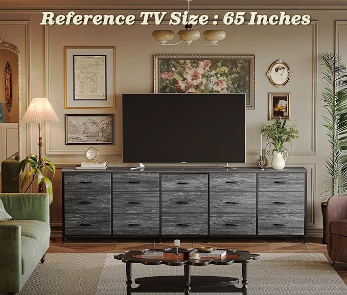 Huuger 78.7 inch Long Dresser for Bedroom, 15 Drawer Fabric Dresser for Closet, Large TV Stand for 65, 75, 85 inch TV, Wide Chest of Drawer with Storage, 78.7" W x 12.9" D x 26.7" H, Grey